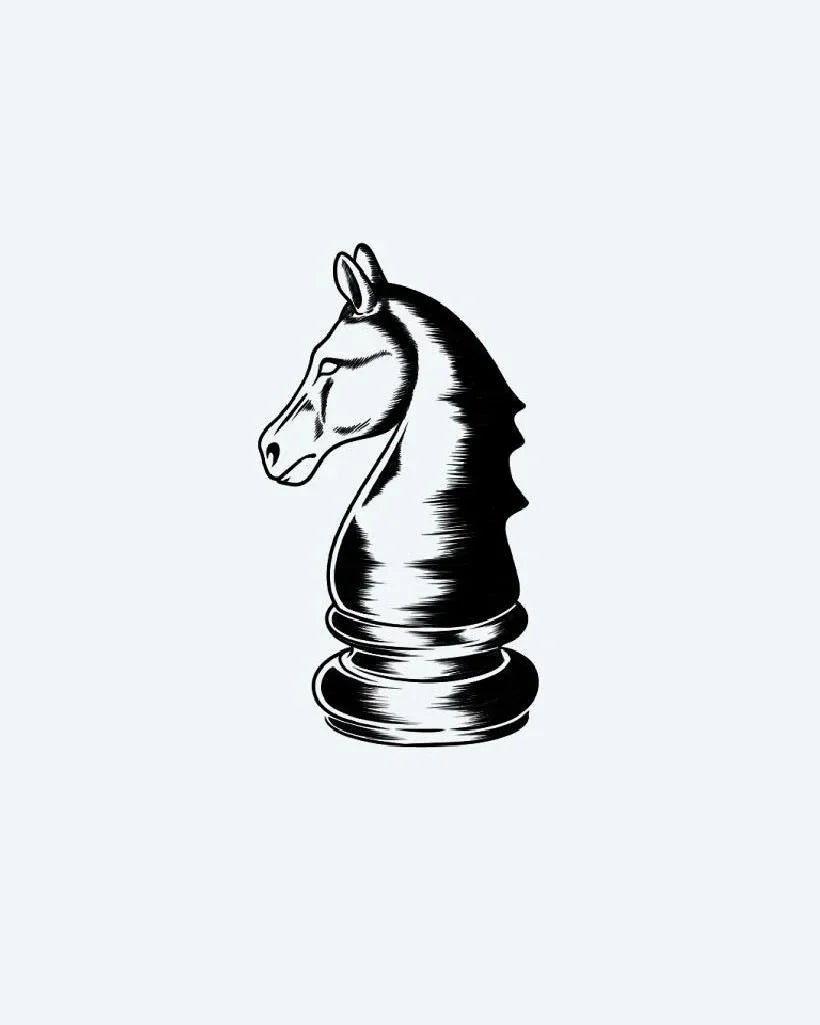 Design del tatuaggio semi-permanente Engraved Chess Knight di INKON – illustrazione in stile xilografia di cavallo degli scacchi, 2 x 2 in (5x5cm), disponibile su inkon.co
