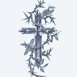 Design del tatuaggio semi-permanente Croce con Rose e Spine di INKON – illustrazione ornato, gotico, croce, intrecciato, spinoso, 4 x 7 in (10x17cm), disponibile su inkon.co
