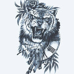 Design del tatuaggio semi-permanente Tiger & Clock di INKON – illustrazione ruggente, tigre, combinata, romani, numeri, 4 x 8 in (11x21cm), disponibile su inkon.co