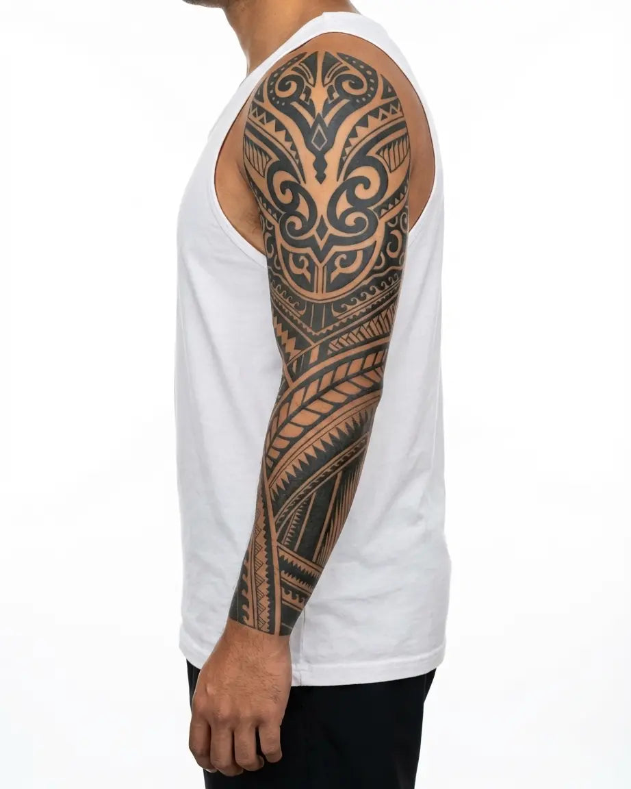 Tatuaggio semi-permanente INKON Polynesian Bold Sleeve applicato su un uomo – design 8 x 20 in (20x50cm), aspetto realistico dell'inchiostro, dura 10 giorni