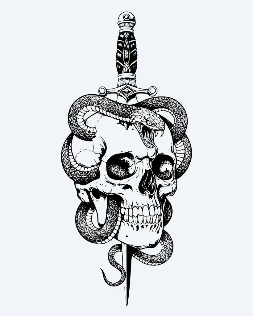 Design del tatuaggio semi-permanente Skull, Snake & Dagger di INKON – illustrazione teschio, trafitto, ornamentale, pugnale, serpente, 4 x 8 in (11x21cm), disponibile su inkon.co