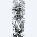 Design del tatuaggio semi-permanente Angels & Cross Sleeve di INKON – illustrazione maestoso, manica, intera, custodi, angeli, 8 x 20 in (20x50cm), disponibile su inkon.co