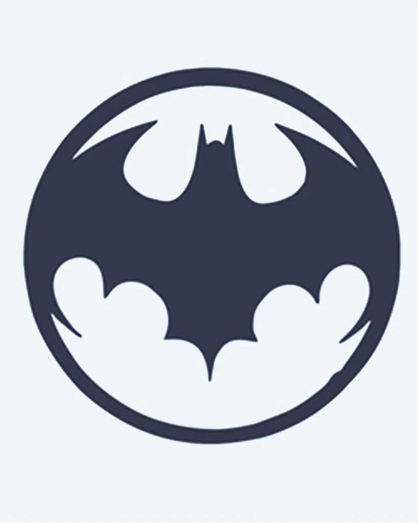 Design del tatuaggio semi-permanente Bat Signal di INKON – illustrazione iconica, silhouette, interno, circolare, emblema, 2 x 2 in (5x5cm), disponibile su inkon.co