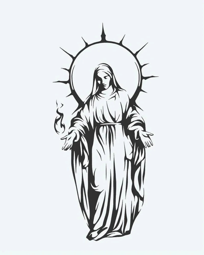 Design del tatuaggio semi-permanente Madonna con Aureola di INKON – illustrazione aggraziata, raffigurazione, vergine, maria, radiante, 4 x 7 in (10x17cm), disponibile su inkon.co