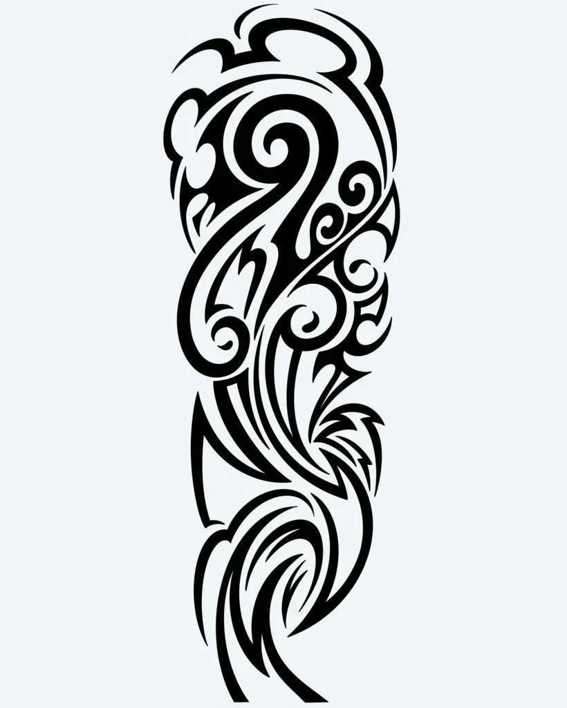 Design del tatuaggio semi-permanente Organic Tribal Foliage di INKON – illustrazione tribale naturale con forme simili a foglie, 8 x 20 in (20x50cm), disponibile su inkon.co