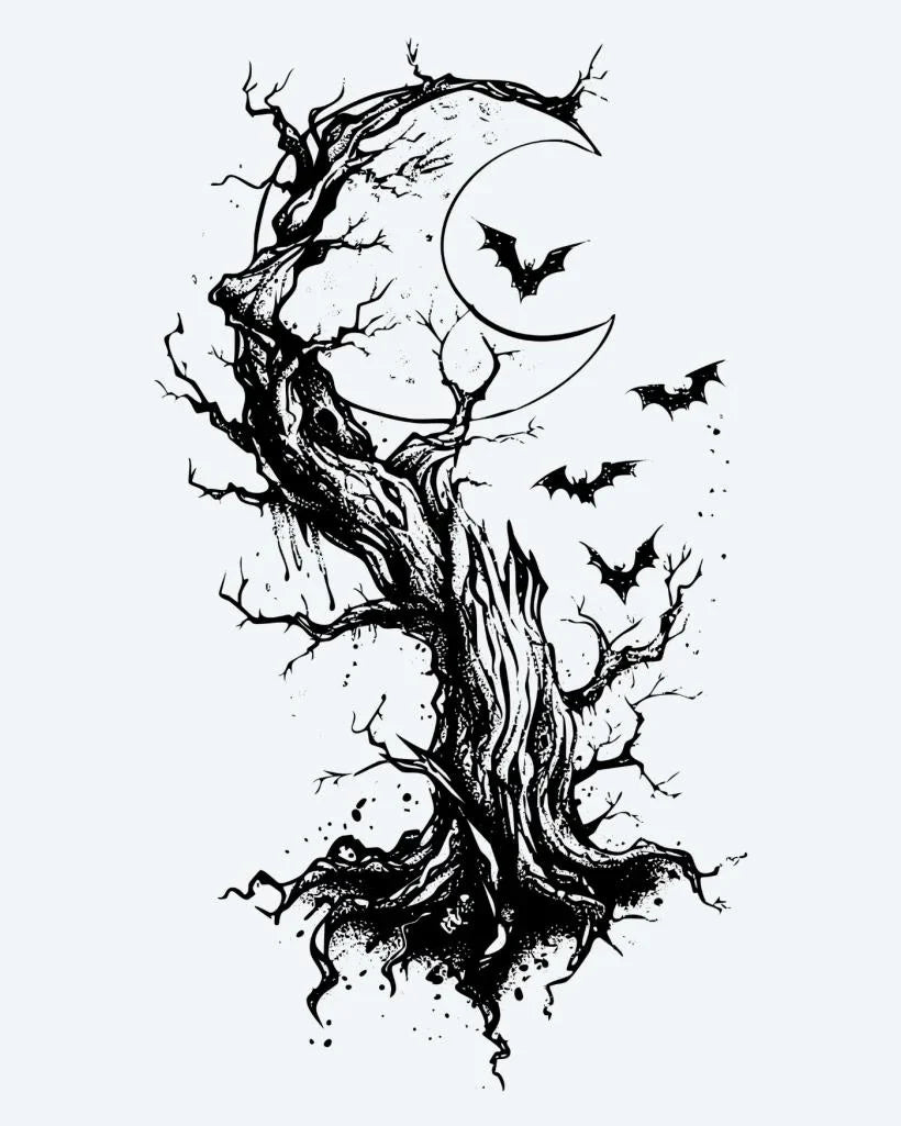 Design del tatuaggio semi-permanente Albero Morto, Luna e Pipistrelli di INKON – illustrazione inquietante, contorto, morto, albero, silhouette, 4 x 7 in (10x17cm), disponibile su inkon.co