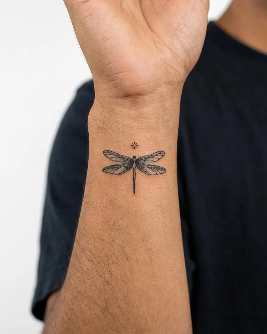 Tatuaggio semi-permanente INKON Dragonfly applicato su un uomo – design 2 x 2 in (5x5cm), aspetto realistico dell'inchiostro, dura 10 giorni