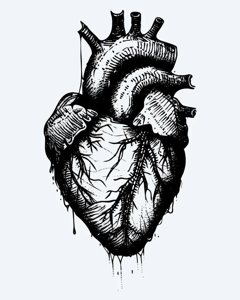 Design del tatuaggio semi-permanente Anatomical Heart di INKON – illustrazione anatomico, umano, cuore, cola, effetto, 4 x 4 in (9x9cm), disponibile su inkon.co