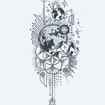 Design del tatuaggio semi-permanente Luna Cosmica e Geometria di INKON – illustrazione celeste, luna, montagne, terra, sacro, 4 x 7 in (10x17cm), disponibile su inkon.co
