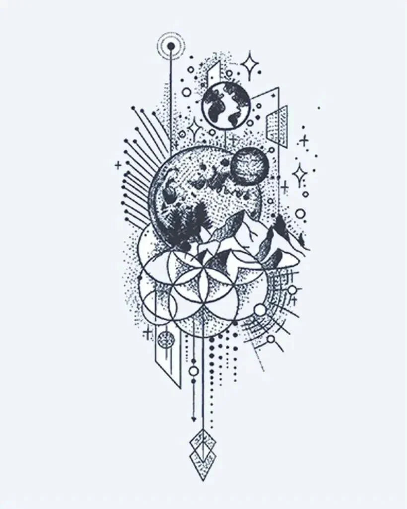 Design del tatuaggio semi-permanente Luna Cosmica e Geometria di INKON – illustrazione celeste, luna, montagne, terra, sacro, 4 x 7 in (10x17cm), disponibile su inkon.co