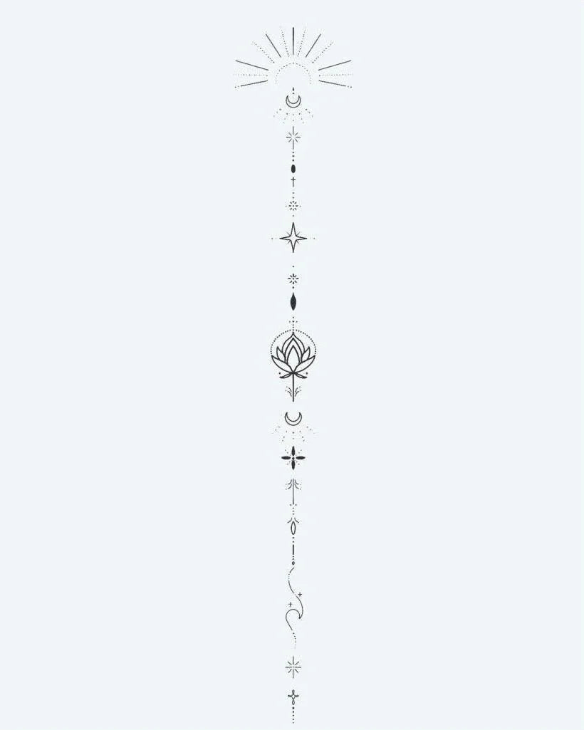 Design del tatuaggio semi-permanente Totem di Loto Celeste di INKON – illustrazione verticale, fine, linea, ornamento, luna, 4 x 7 in (10x17cm), disponibile su inkon.co