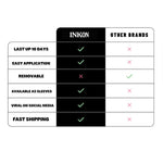 Tabella comparativa INKON vs altri marchi – Basato sulla tecnologia InstantInk™, INKON soddisfa tutte e cinque le caratteristiche: dura 10 giorni, applicazione facile, impermeabile, 100% naturale e spedizione rapida, mentre gli altri marchi di tatuaggi temporanei non ne offrono nessuna