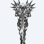 Design del tatuaggio semi-permanente Armored Knight & Sword di INKON – illustrazione epico, armatura, cavaliere, impugna, spada, 4 x 8 in (11x21cm), disponibile su inkon.co