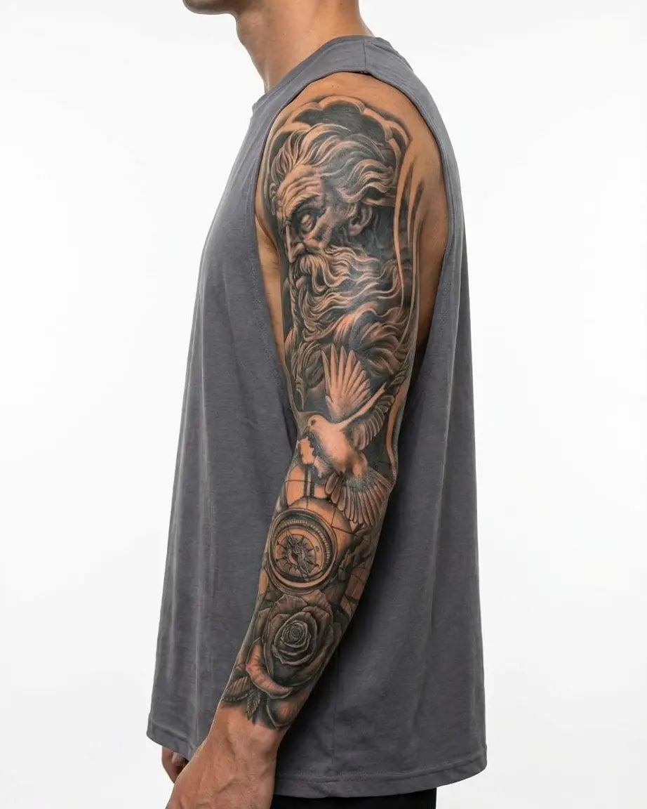 Tatuaggio semi-permanente INKON Zeus, Dove & Globe applicato su un uomo – design 8 x 20 in (20x50cm), aspetto realistico dell'inchiostro, dura 10 giorni