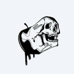 Design del tatuaggio semi-permanente Forbidden Fruit Skull di INKON – illustrazione blackwork di mela che si fonde in un teschio, 3 x 4 in (7x10cm), disponibile su inkon.co