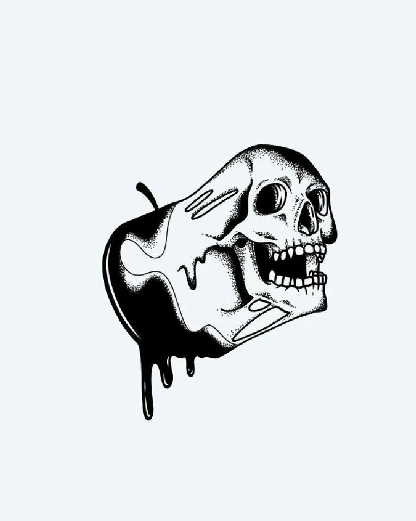 Design del tatuaggio semi-permanente Forbidden Fruit Skull di INKON – illustrazione blackwork di mela che si fonde in un teschio, 3 x 4 in (7x10cm), disponibile su inkon.co