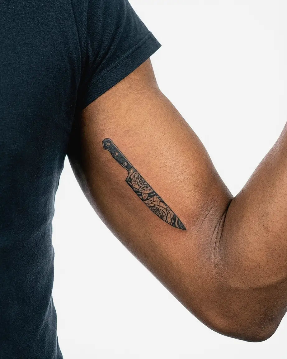 Tatuaggio semi-permanente INKON Rose Chef's Knife applicato su un uomo – design 3 x 4 in (6x11cm), aspetto realistico dell'inchiostro, dura 10 giorni