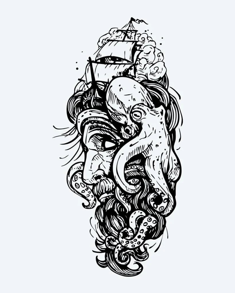 Design del tatuaggio semi-permanente Kraken & Ship di INKON – illustrazione epico, kraken, polpo, attacca, veliero, 4 x 8 in (11x21cm), disponibile su inkon.co