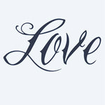 Design del tatuaggio semi-permanente Love Script di INKON – illustrazione di calligrafia che compone la parola Love con svolazzi, 2 x 2 in (5x5cm), disponibile su inkon.co