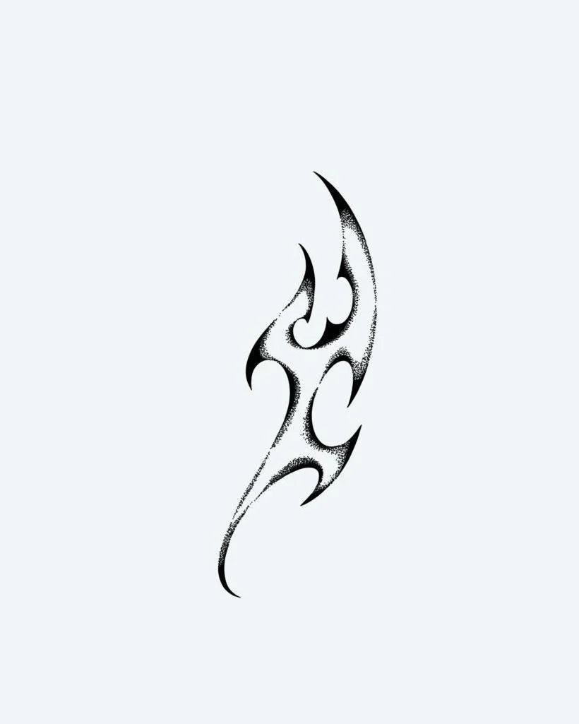Design del tatuaggio semi-permanente Neo-Tribal Flame di INKON – illustrazione a puntinato di astratta fiamma neo-tribale, 4 x 7 in (10x17cm), disponibile su inkon.co