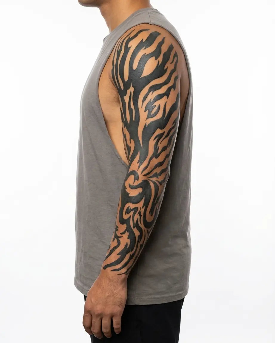 Tatuaggio semi-permanente INKON Tribal Flame Sleeve applicato su un uomo – design 8 x 20 in (20x50cm), aspetto realistico dell'inchiostro, dura 10 giorni