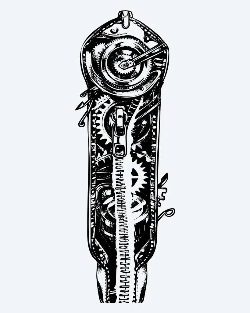 Design del tatuaggio semi-permanente Steampunk Mechanical Gears di INKON – illustrazione steampunk, vista, ingranaggi, ruote, molle, 8 x 20 in (20x50cm), disponibile su inkon.co