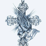Design del tatuaggio semi-permanente Mani in Preghiera e Croce Ornata di INKON – illustrazione preghiera, mani, contro, barocca, ornamentale, 4 x 7 in (10x17cm), disponibile su inkon.co