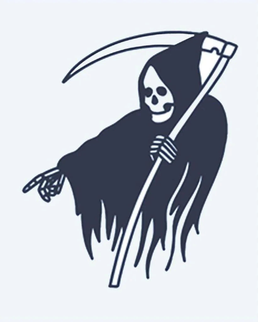 Design del tatuaggio semi-permanente Grim Reaper 2 di INKON – illustrazione di Tristo Mietitore incappucciato con grande falce, 2 x 2 in (5x5cm), disponibile su inkon.co