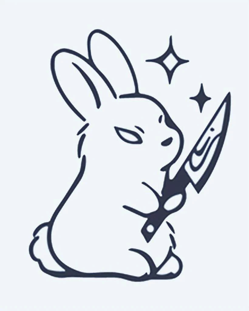 Design del tatuaggio semi-permanente Killer Bunny di INKON – illustrazione di coniglietto minaccioso che impugna un coltello, 2 x 2 in (5x5cm), disponibile su inkon.co