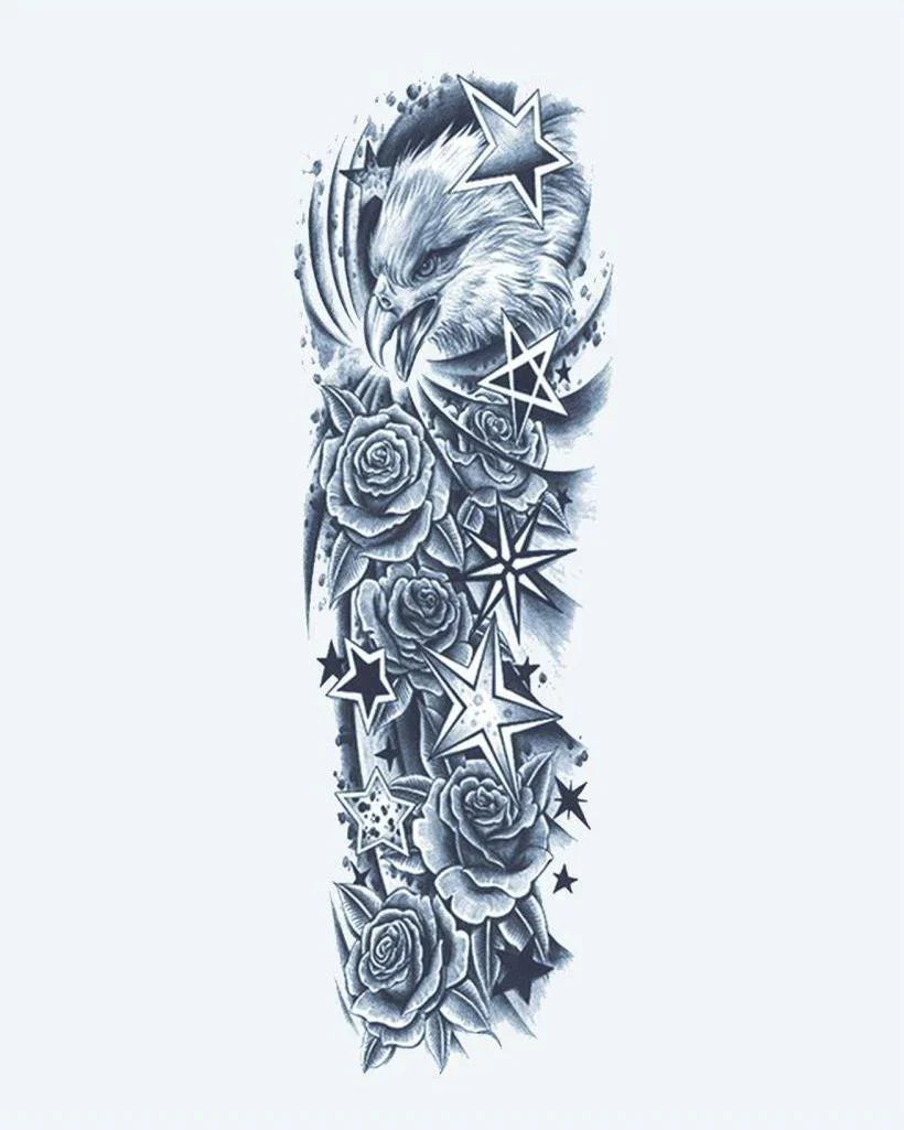 Design del tatuaggio semi-permanente Eagle, Stars & Roses di INKON – illustrazione manica, intera, aquila, sparse, stelle, 8 x 20 in (20x50cm), disponibile su inkon.co