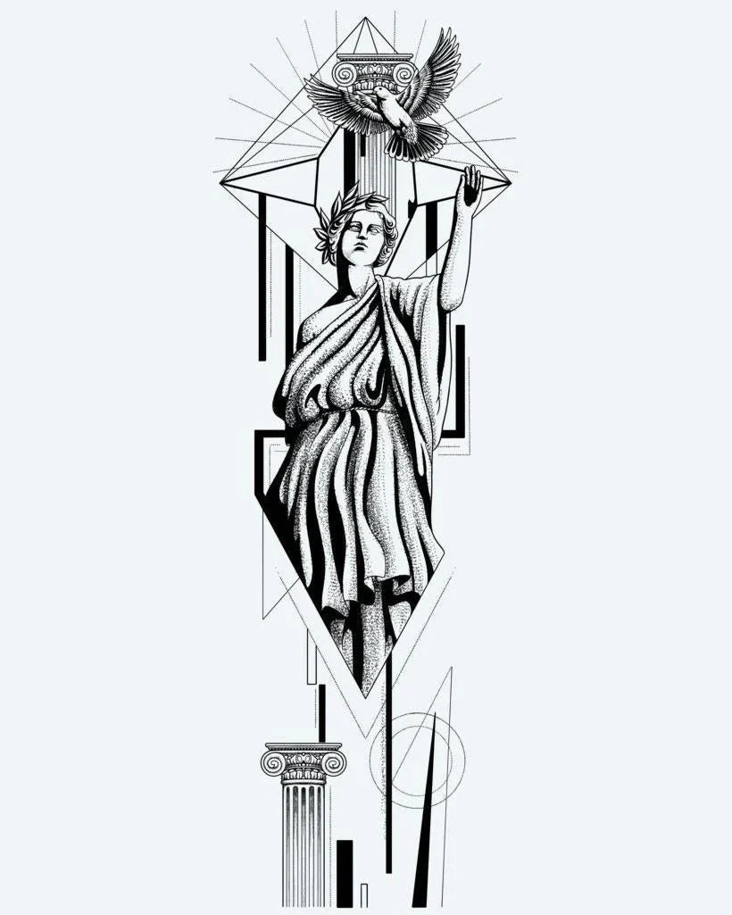 Design del tatuaggio semi-permanente Greek Goddess & Dove di INKON – illustrazione di classica dea greca che libera una colomba, 8 x 20 in (20x50cm), disponibile su inkon.co