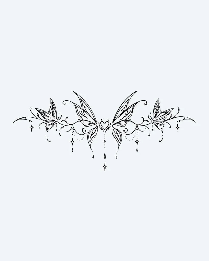 Design del tatuaggio semi-permanente Butterfly Heart Band di INKON – illustrazione simmetrica, farfalla, fascia, cuore, centro, 4 x 8 in (11x21cm), disponibile su inkon.co