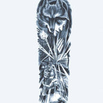 Design del tatuaggio semi-permanente Wolf Girl & Warrior di INKON – illustrazione mistico, manica, intera, donna, lupo, 8 x 20 in (20x50cm), disponibile su inkon.co
