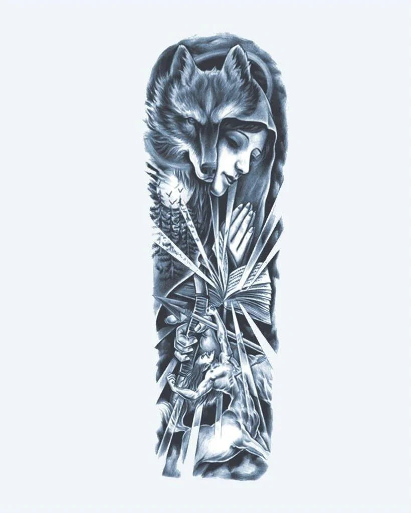 Design del tatuaggio semi-permanente Wolf Girl & Warrior di INKON – illustrazione mistico, manica, intera, donna, lupo, 8 x 20 in (20x50cm), disponibile su inkon.co