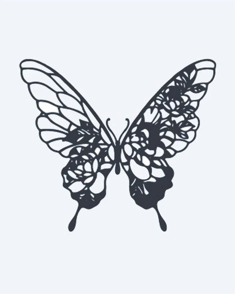Design del tatuaggio semi-permanente Floral Butterfly di INKON – illustrazione splendido, grande, farfalla, floreali, motivi, 3 x 4 in (6x11cm), disponibile su inkon.co