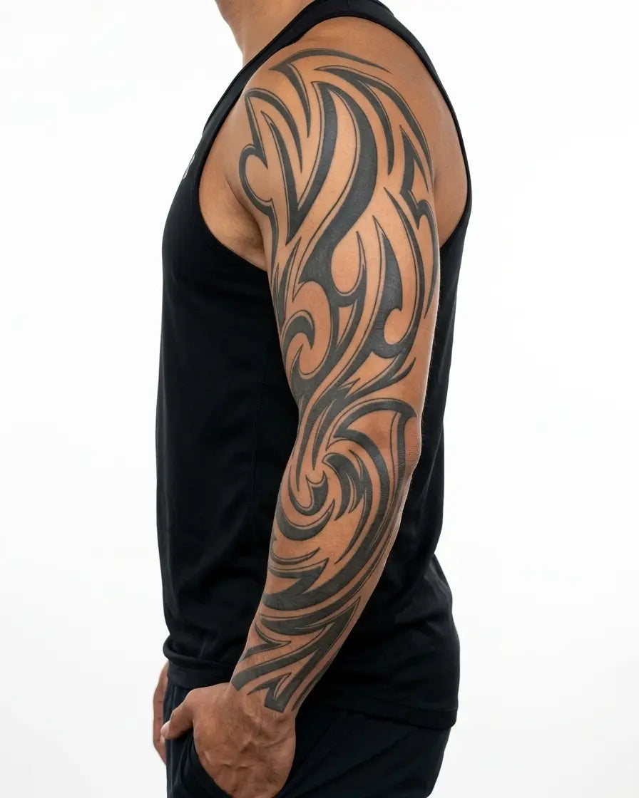 Tatuaggio semi-permanente INKON Tribal Wave Sleeve applicato su un uomo – design 8 x 20 in (20x50cm), aspetto realistico dell'inchiostro, dura 10 giorni