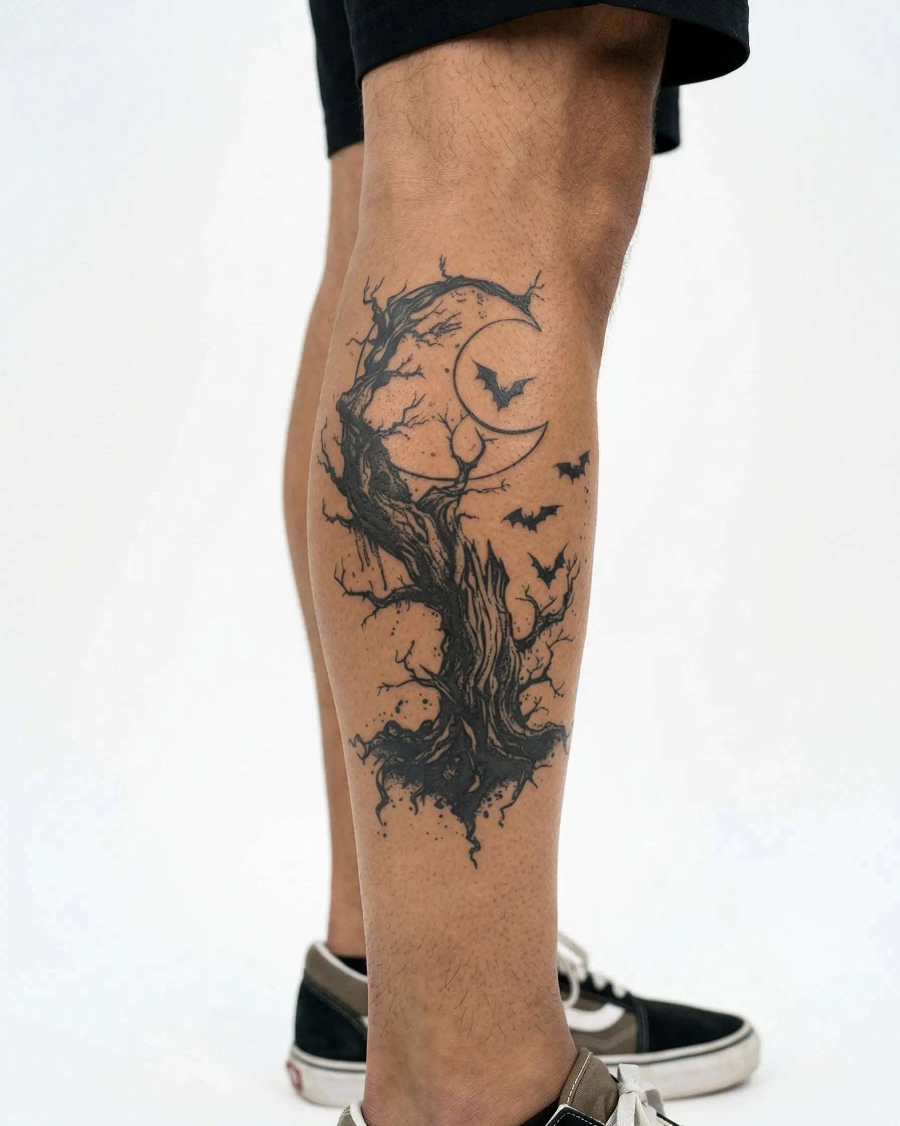 Tatuaggio semi-permanente INKON Albero Morto, Luna e Pipistrelli applicato su un uomo – design 4 x 7 in (10x17cm), aspetto realistico dell'inchiostro, dura 10 giorni
