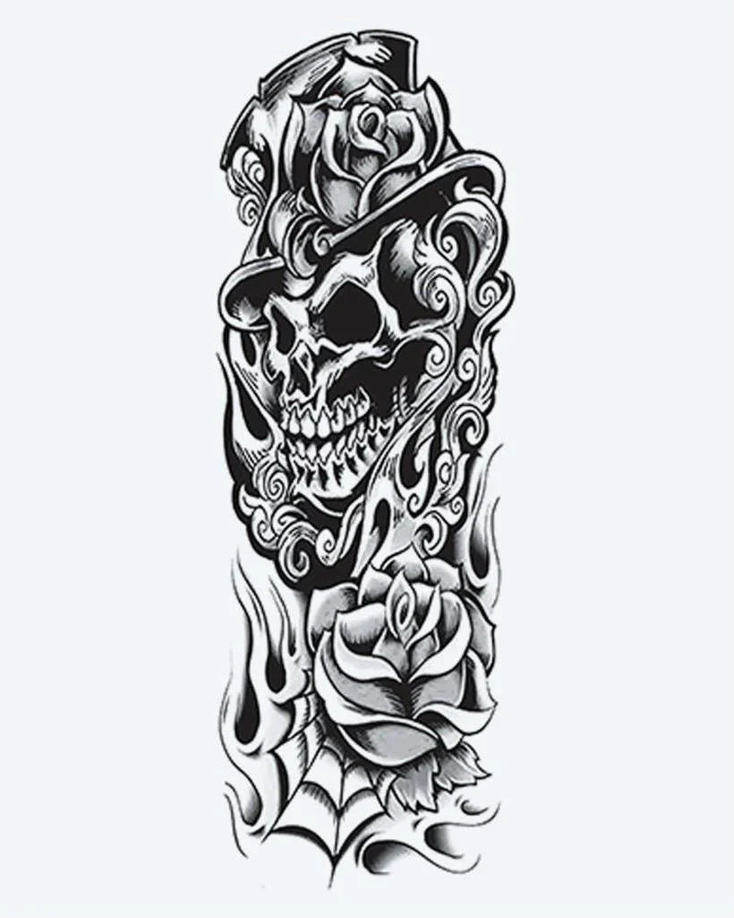 Design del tatuaggio semi-permanente Skull in Top Hat & Roses di INKON – illustrazione sogghignante, teschio, indossa, circondato, ornamentali, 8 x 20 in (20x50cm), disponibile su inkon.co