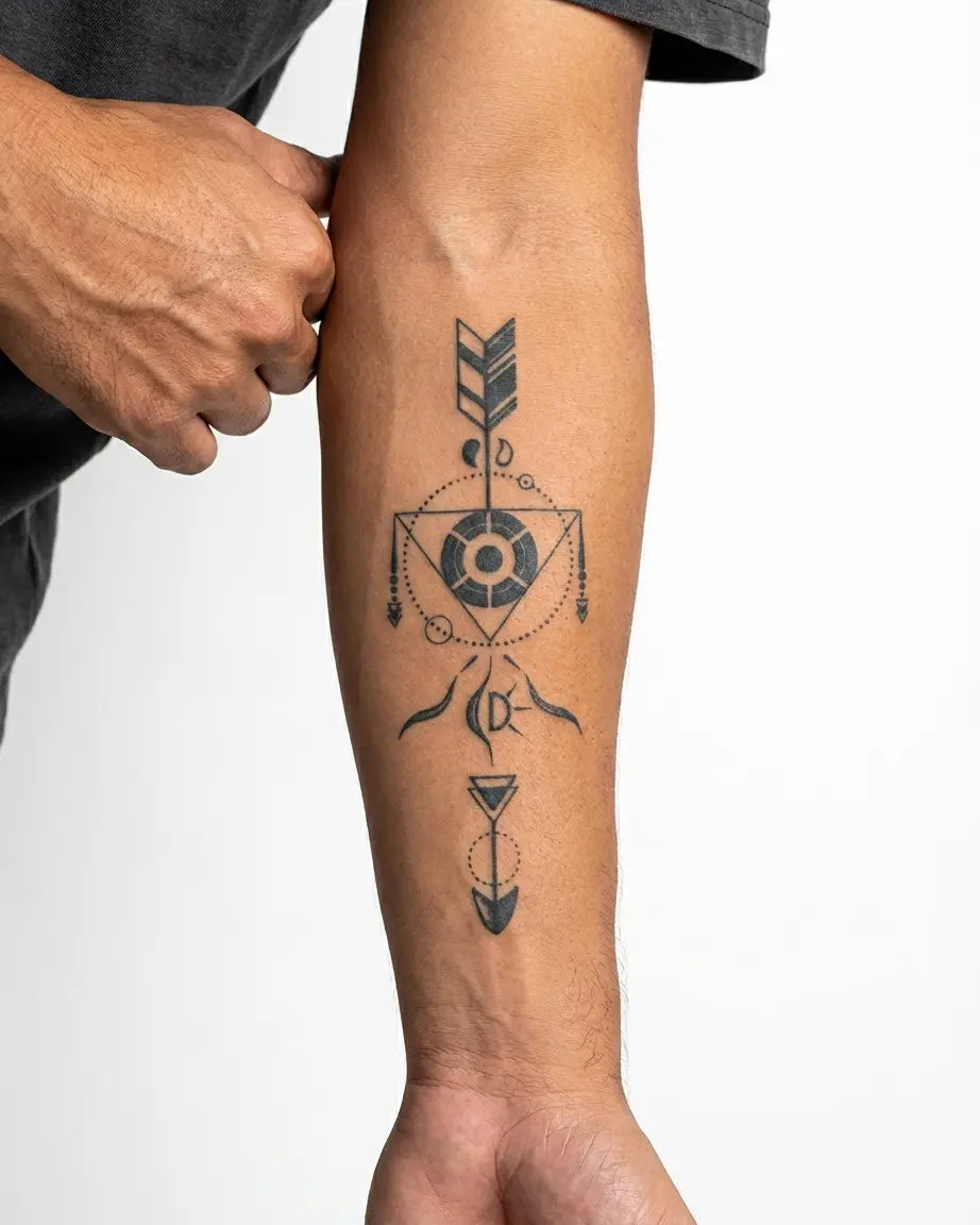 Tatuaggio semi-permanente INKON Geometric Arrow applicato su un uomo – design 4 x 7 in (10x17cm), aspetto realistico dell'inchiostro, dura 10 giorni
