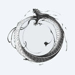 Design del tatuaggio semi-permanente Serpente Ouroboros di INKON – illustrazione antico, ouroboros, simbolo, serpente, morde, 4 x 4 in (9x9cm), disponibile su inkon.co