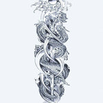 Design del tatuaggio semi-permanente Twin Dragons & Yin Yang di INKON – illustrazione manica, intera, intrecciati, draghi, spirale, 8 x 20 in (20x50cm), disponibile su inkon.co