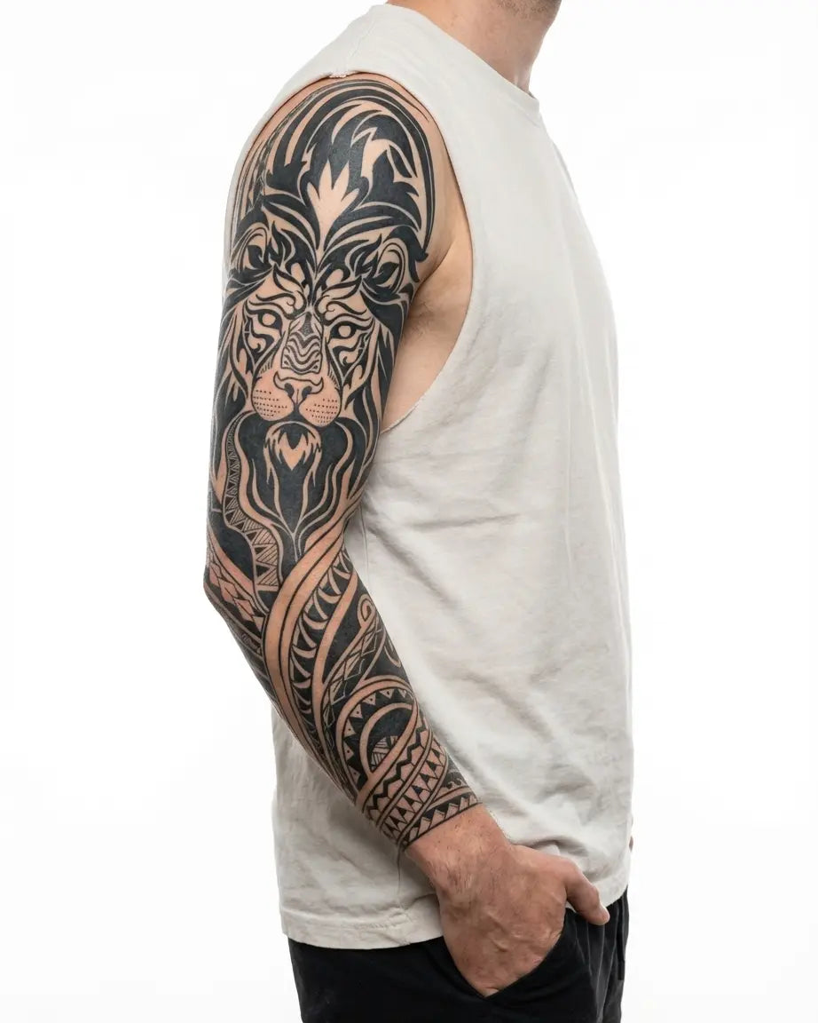 Tatuaggio semi-permanente INKON Tribal Lion applicato su un uomo – design 8 x 20 in (20x50cm), aspetto realistico dell'inchiostro, dura 10 giorni