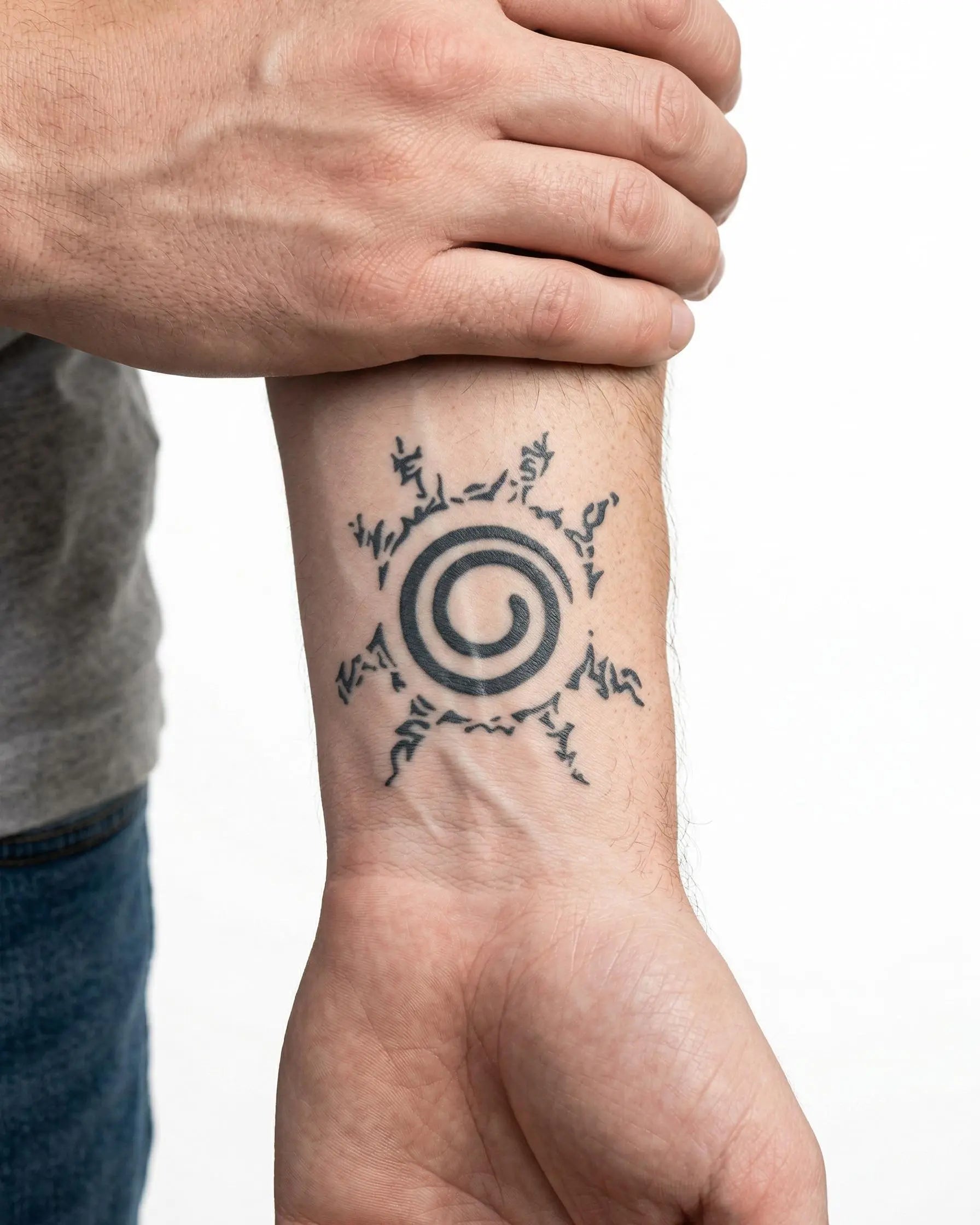 Tatuaggio semi-permanente INKON Spiral Seal applicato su un uomo – design 2 x 2 in (5x5cm), aspetto realistico dell'inchiostro, dura 10 giorni