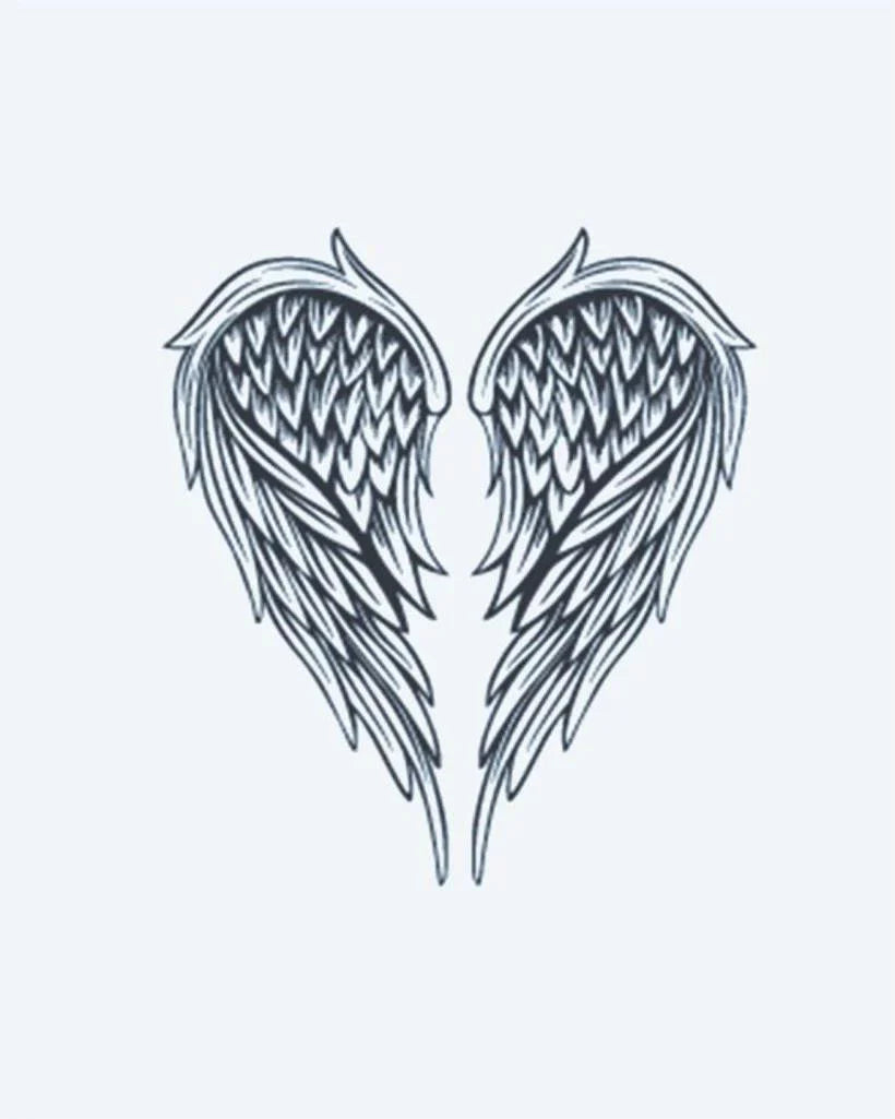 Design del tatuaggio semi-permanente Angel Wings di INKON – illustrazione splendidamente, simmetrico, paio, angelo, ali, 3 x 4 in (7x10cm), disponibile su inkon.co