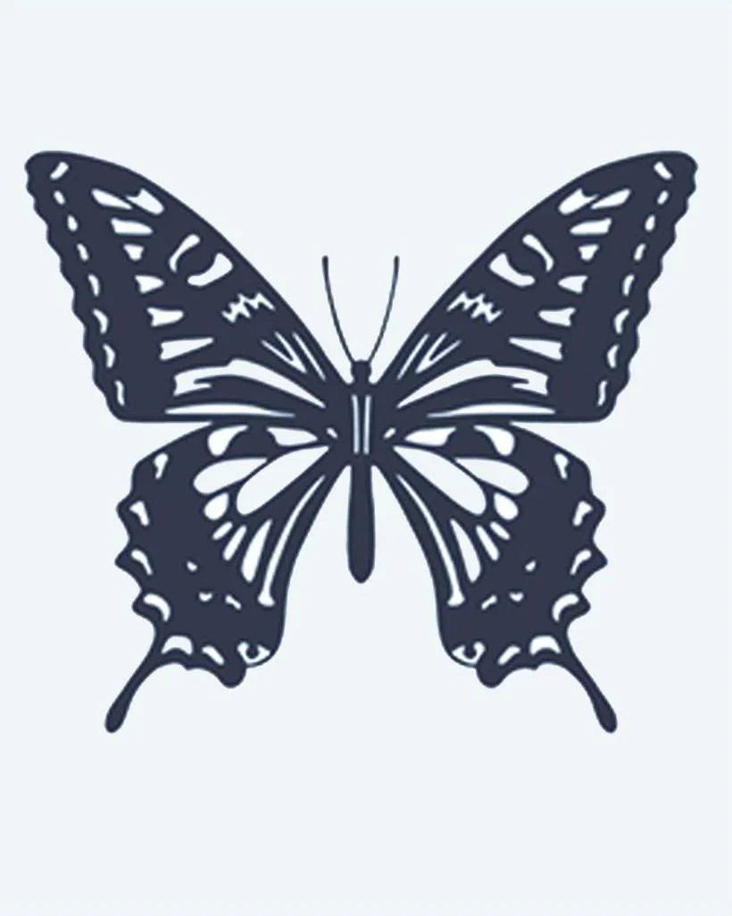 Design del tatuaggio semi-permanente Swallowtail Butterfly di INKON – illustrazione di splendide ali di farfalla a coda di rondine spiegate, 2 x 2 in (5x5cm), disponibile su inkon.co