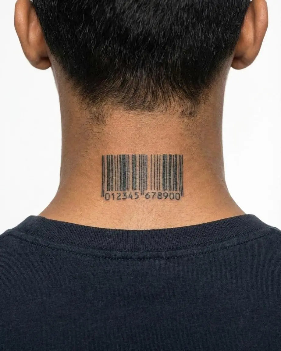 Tatuaggio semi-permanente INKON Barcode applicato su un uomo – design 2 x 2 in (5x5cm), aspetto realistico dell'inchiostro, dura 10 giorni