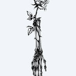 Design del tatuaggio semi-permanente Skeleton Hand & Rose di INKON – illustrazione scheletrica, regge, singola, rosa, spinoso, 8 x 20 in (20x50cm), disponibile su inkon.co