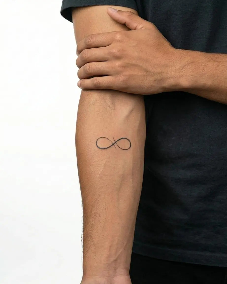 Tatuaggio semi-permanente INKON Infinity Loop applicato su un uomo – design 2 x 2 in (5x5cm), aspetto realistico dell'inchiostro, dura 10 giorni