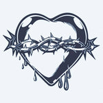 Design del tatuaggio semi-permanente Sacred Heart & Thorns di INKON – illustrazione di sacro cuore avvolto in corona di spine, 2 x 2 in (5x5cm), disponibile su inkon.co