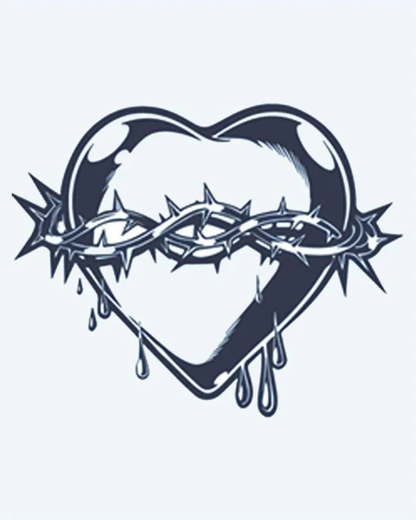 Design del tatuaggio semi-permanente Sacred Heart & Thorns di INKON – illustrazione di sacro cuore avvolto in corona di spine, 2 x 2 in (5x5cm), disponibile su inkon.co